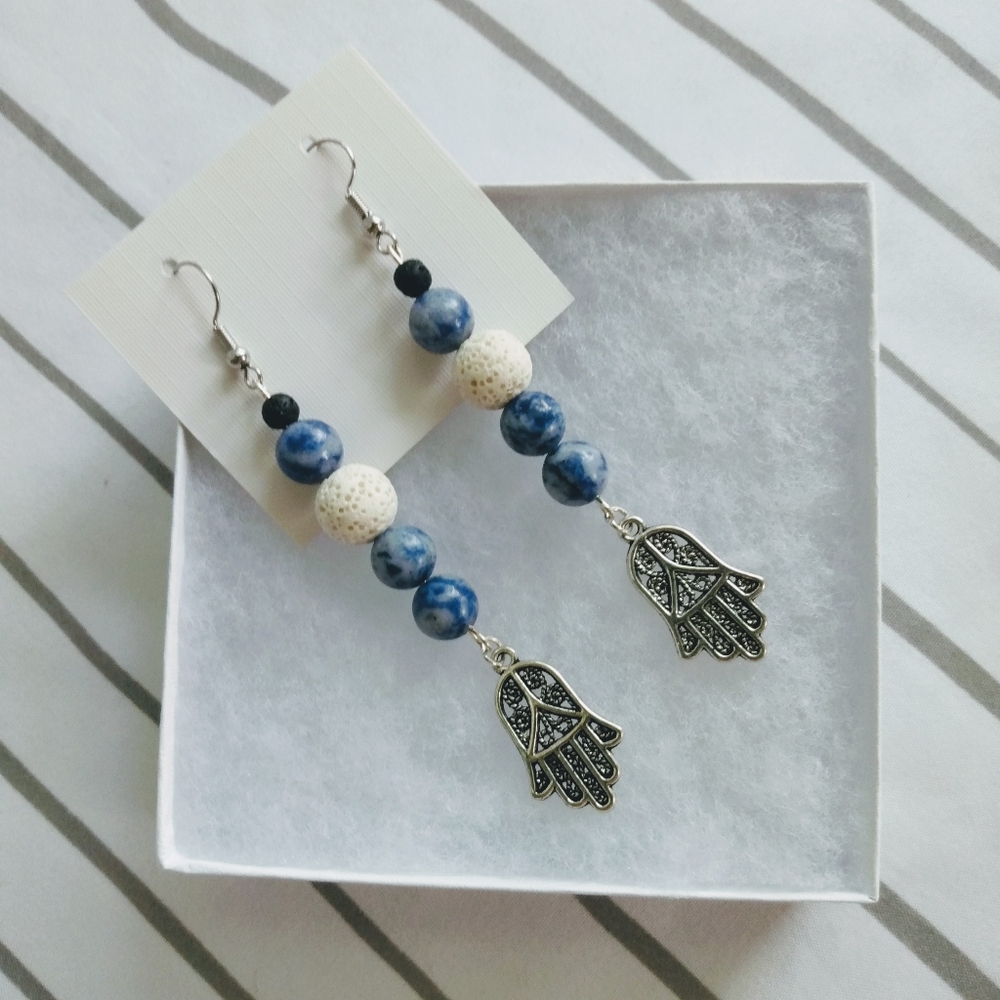 Blue Jasper Hamsa Aroma Earrings - Picture 6 of 9